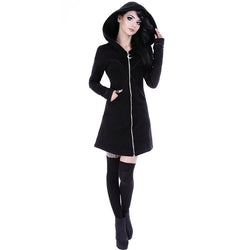 Hot Goth Gothic Slim Mid Length Hoodies Women Long Sleeves Pocket Hooded Neckline Zipper