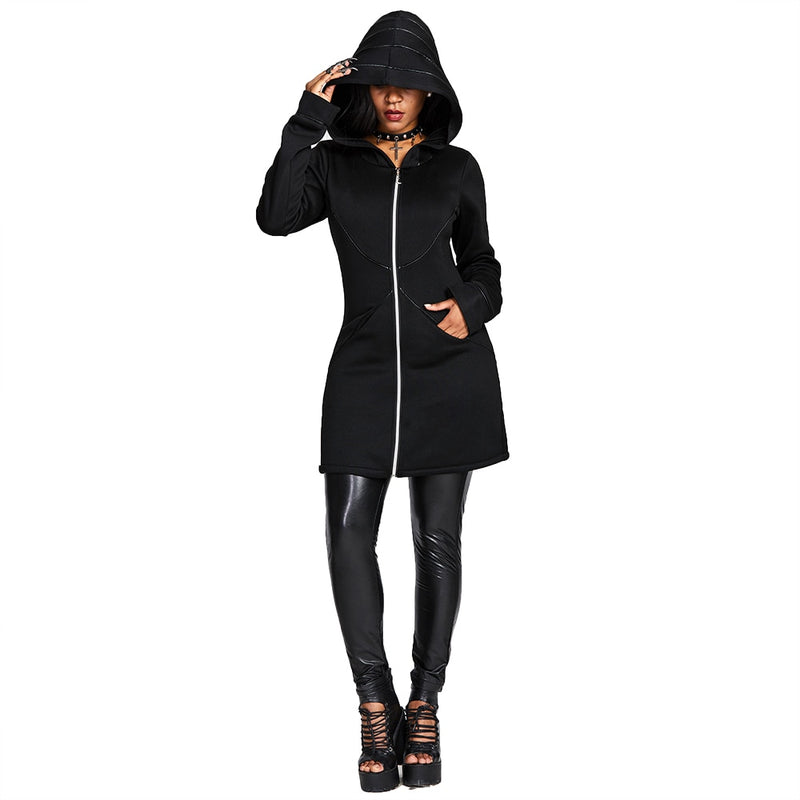 Gothic Slim Mid Length Hoodies Women Long Sleeves Pocket Hooded Neckline Zipper