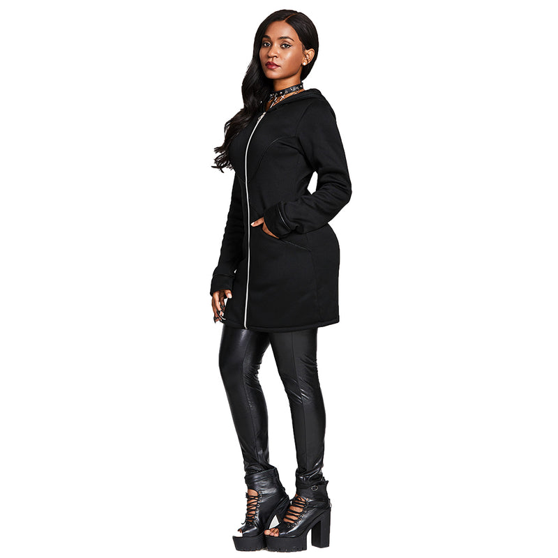 Gothic Slim Mid Length Hoodies Women Long Sleeves Pocket Hooded Neckline Zipper