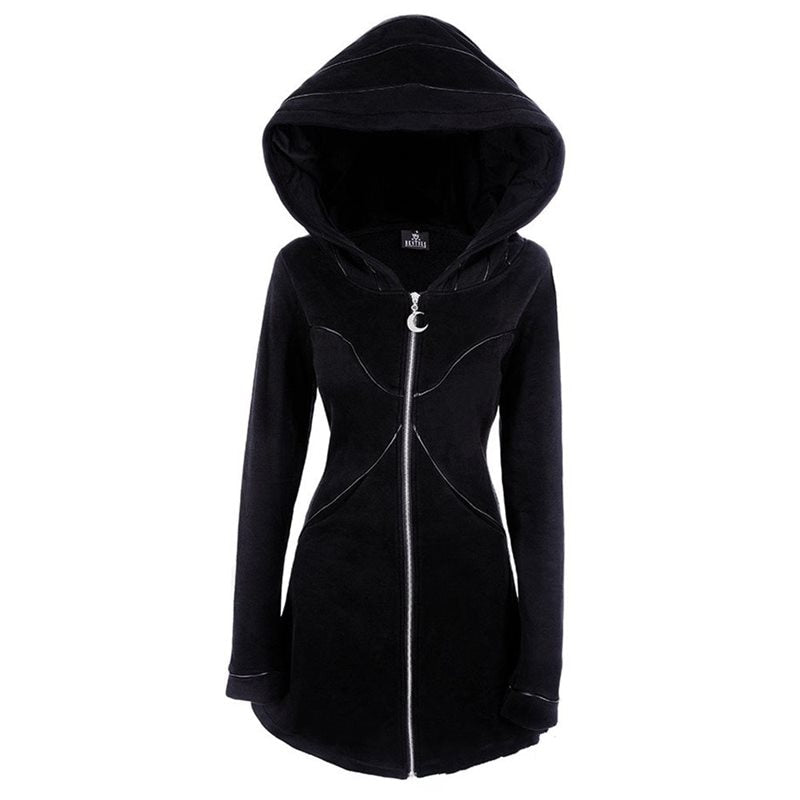 Gothic Slim Mid Length Hoodies Women Long Sleeves Pocket Hooded Neckline Zipper